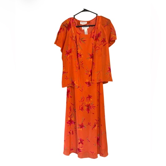 Studio I Dresses & Skirts - Studio I Orange Floral Dress Set Size 10 Vintage 2 Piece Dress & Sheer Jacket